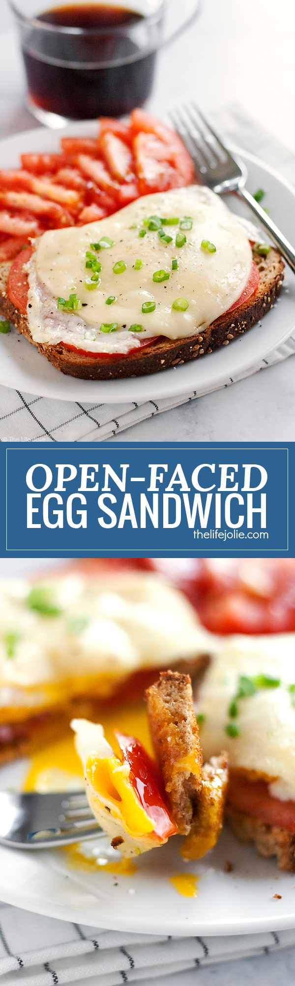 This Open-Faced Egg Sandwich is the best easy recipe option to throw together in the morning. Made with toast, fried eggs, cheese and tomatoes it's a healthy and delicious way to start the day!