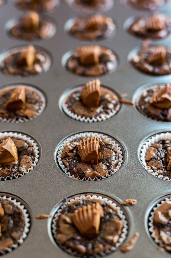 A pan of Peanut Butter Cup Brownie Bites fresh out of the oven.