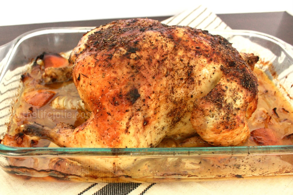 This is the most simple delicious whole roast chicken recipe- there is no extra, unnecessary work but the results are super delicious- even the white meat is super tender and succulent! This recipe is fool-proof! www.thelifejolie.com