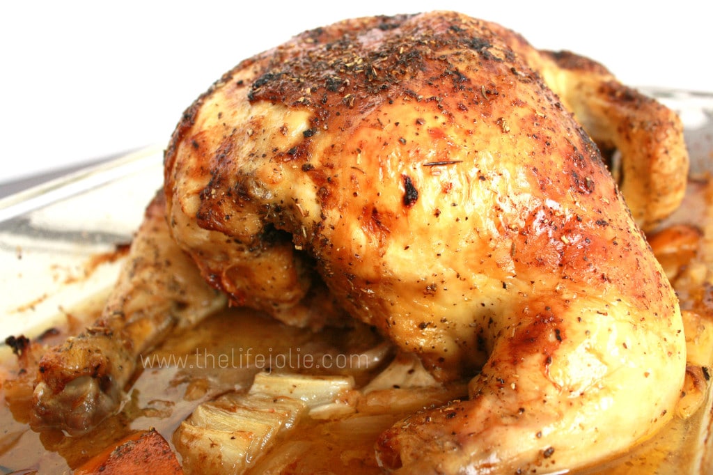 This is the most simple delicious whole roast chicken recipe- there is no extra, unnecessary work but the results are super delicious- even the white meat is super tender and succulent! This recipe is fool-proof! www.thelifejolie.com