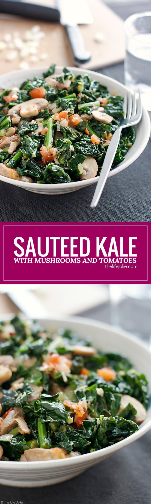Sauteed Kale with Mushrooms and Tomatoes is the best healthy side dish. This also makes a great vegetarian main dish. I love to cook a big batch to eat with lunch or dinner- it's full of delicious flavor!