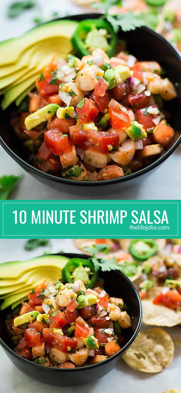 This 10 Minute Shrimp Salsa is a copycat version of Bubba Gump Shrimp Company's Shakin' Shrimp Cocktail. It is light, refreshing and super flavorful with fresh tomatoes, refreshing lime juice, onions, cilantro, spicy jalapenos and plump, juicy shrimp! You really can't go wrong for a tasty party snack!