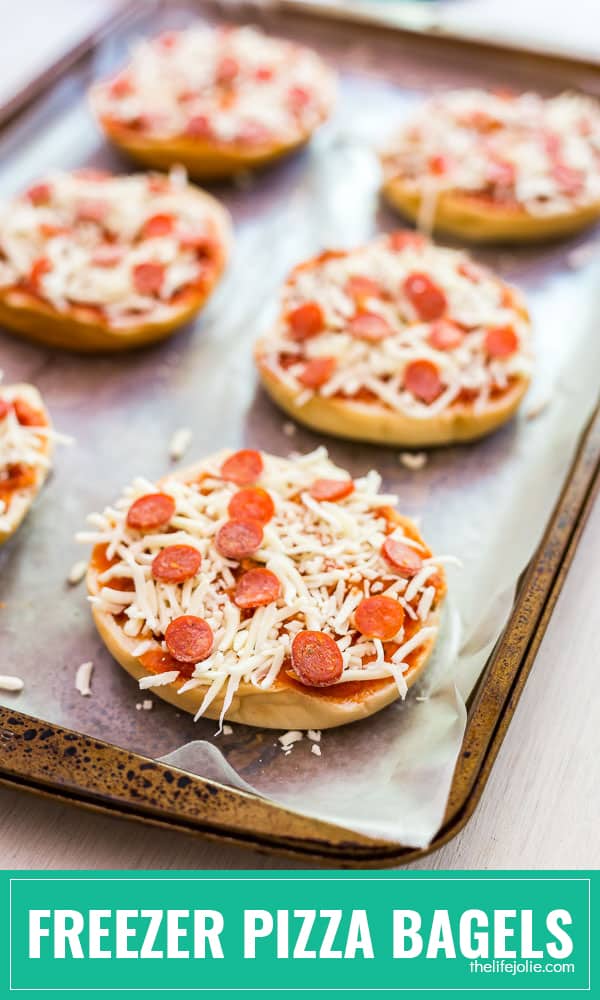 How to make homemade Freezer Pizza Bagels: This recipe is so easy and is a great lunch or snack for kids. These can be frozen and then cooked in the microwave or oven for a quick pick me up!
