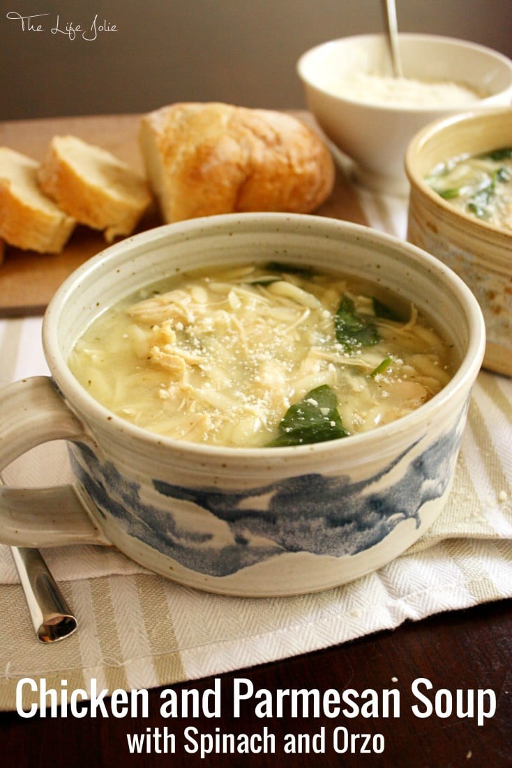 Chicken and Parmesan Soup with Spinach and Orzo is such a delicious twist on chicken noodle soup- the ingredients are so simple and yet when you put them together, they sing! I'll definitely be making this again and again!
