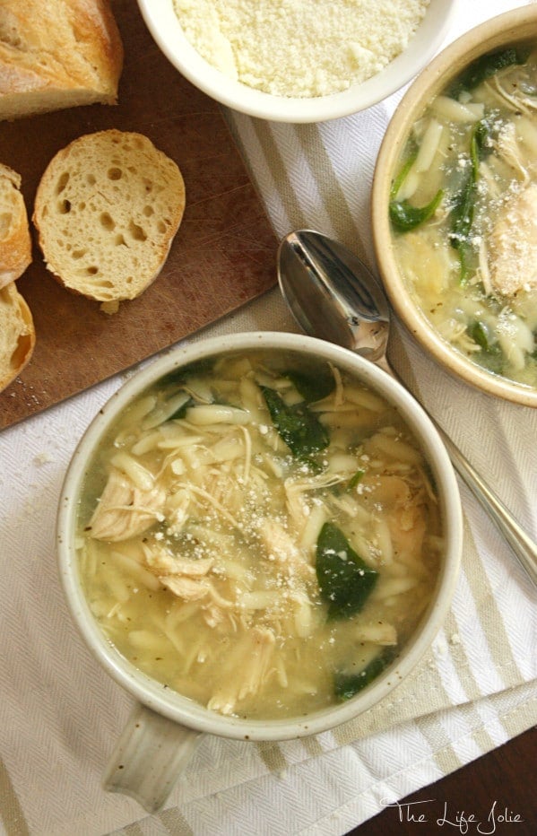 Chicken and Parmesan Soup with Spinach and Orzo is such a delicious twist on chicken noodle soup- the ingredients are so simple and yet when you put them together, they sing! I'll definitely be making this again and again!