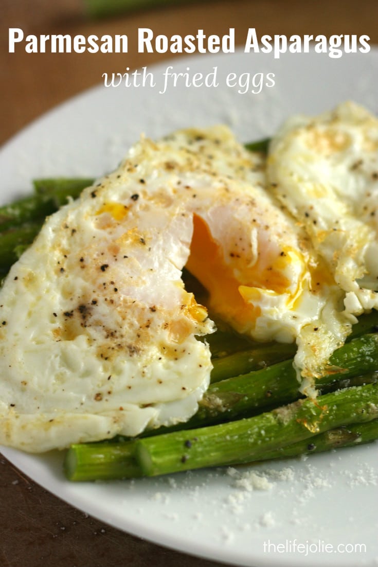Parmesan Roasted Asparagus with Fried Eggs and is a super delicious and easy meatless recipe! The asparagus roasts beautifully in the oven and the eggs add a decadence that make this a beautiful appetizer or entree.