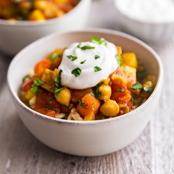 A square image of Moroccan Chickpea Vegetarian Stew.