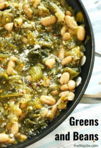 Greens and Beans is one of my favorite Italian recipes. It's quick and easy to make, tastes delicious and is very healthy! Made with escarole and beans it is easy cheap to make and is a great Meatless Monday option.