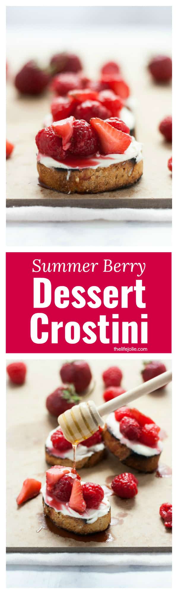 This Summer Berry Dessert Crostini recipe is a light and delicious summer dessert. You can also call it dessert bruschetta. It uses ripe summer berries, mascarpone cheese sweetened with honey and grilled baguette. This easy dessert is super quick to make and a real crowd pleaser!