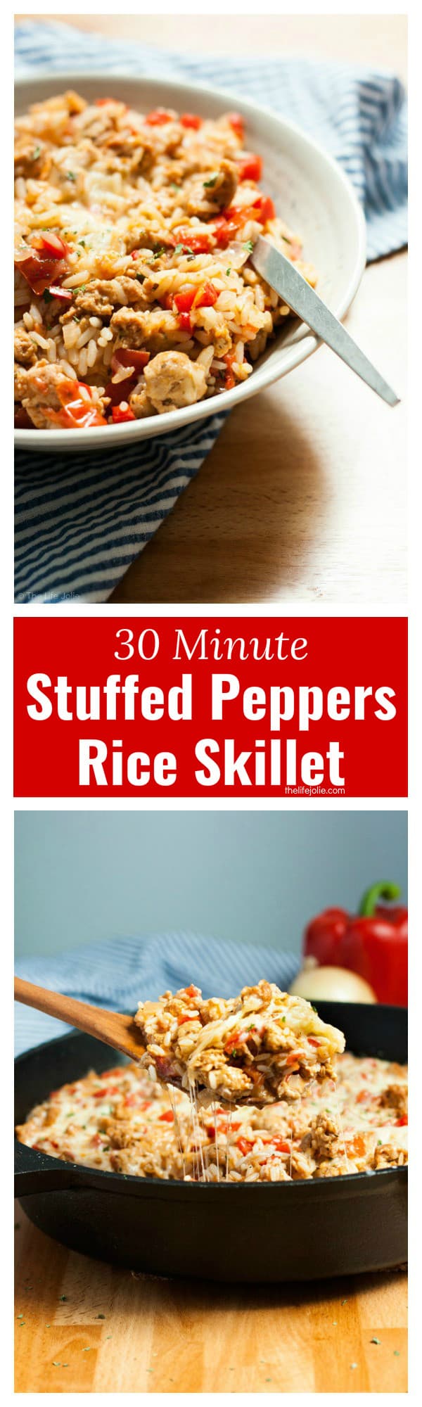 This 30 Minute Stuffed Peppers Rice Skillet recipe is the perfect dinner for a busy weeknight. This easy dinner comes together in just 30 minutes and you can use Turkey Sausage to make it a healthy option. It's cheesy, delicious and full of flavor- perfect for busy nights when the kids are back-to-school! Click on the photo to get the recipe!
