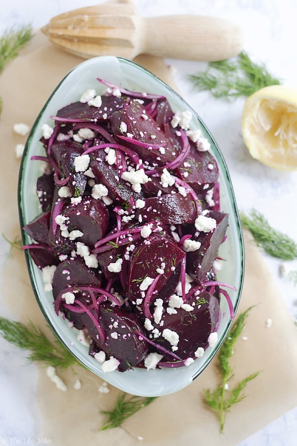 Try this Beet Salad Recipe with Feta and Dill: it's an easy side dish recipe and is a great alternative to the usual dinner sides. Served cold with citrus and olive oil as a dressing it is a healthy and fresh option for any season!