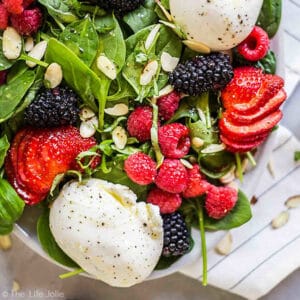 A square shot of the Summer Berry and Burrata Salad.
