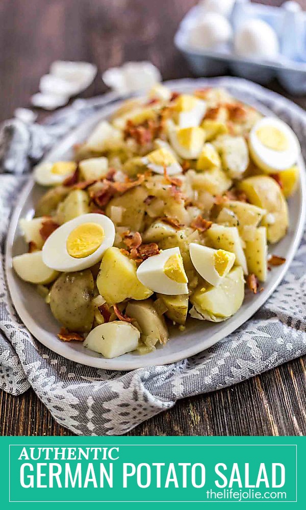 This authentic German Potato Salad is an easy family favorite that's perfect for a picnic or gathering. It tastes great cold or warm and is topped with bacon and hard boiled eggs- this is a classic that the whole family will love!