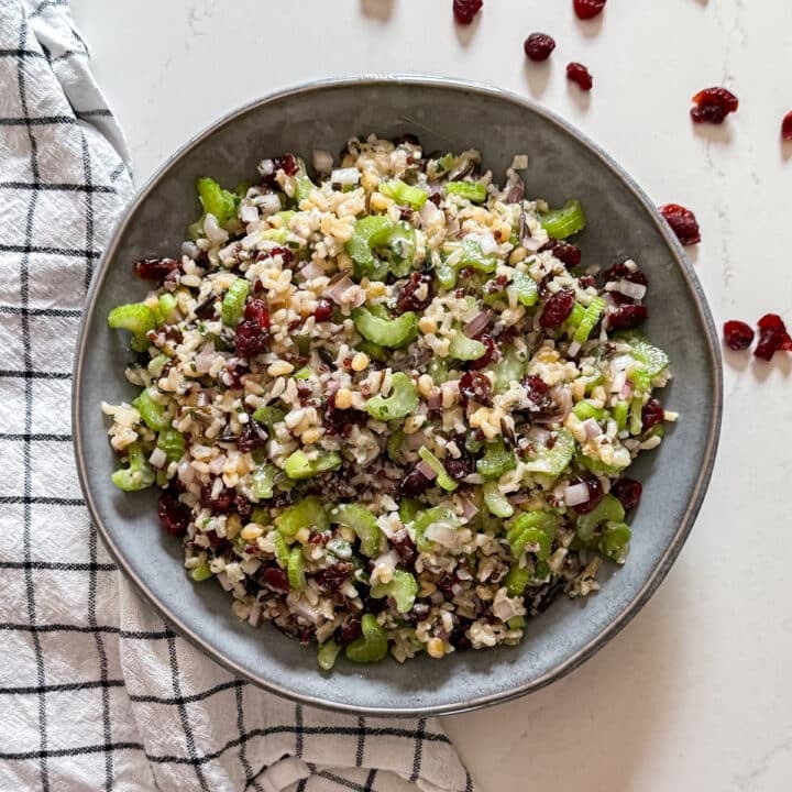 An overhead image of a bowl of this rice salad recipe.