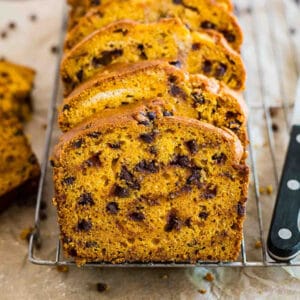 A squaer image of Pumpkin Chocolate Chip Bread.