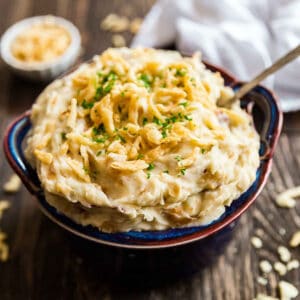 A square image of French Onion Creamy Mashed Potatoes.