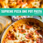 Supreme Pizza One Pot Pasta: This recipe is so easy to make and since it's made in only one pan, the clean up is minimal. It's the best weeknight meal made with penne pasta and all your favorite supreme pizza toppings, this will be a hit with the whole family including your kids! #battistonipepperoni #whomademypepperoni #ad