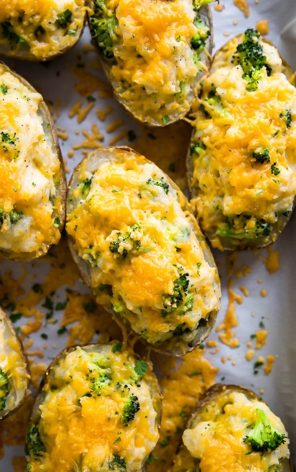 A close up overhead of Cheddar and Broccoli Twice Baked Potatoes.