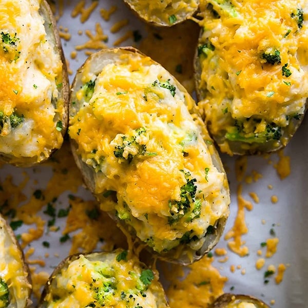 A square image of Cheddar and Broccoli Twice Baked Potatoes
