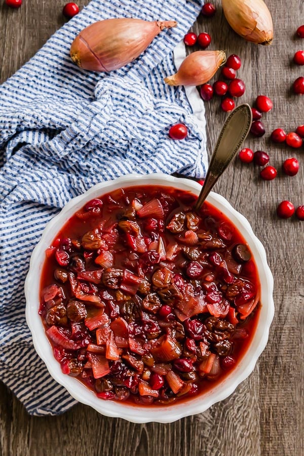 An overhead shot of Homemade Cranberry Sauce with Dried Cherries and Shallots.