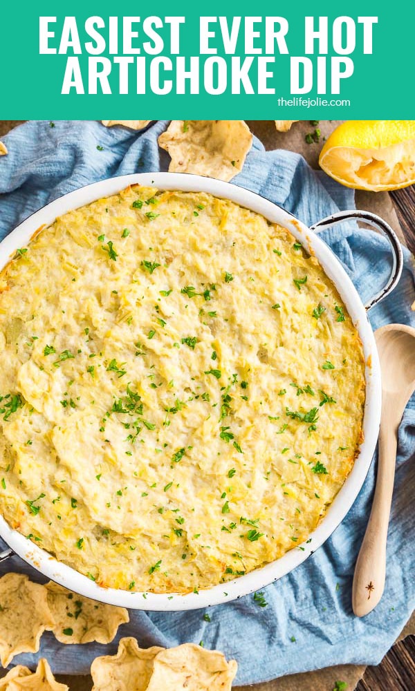 This Easiest Ever Hot Artichoke Dip is a delicious and very easy recipe. A few ingredients mixed together and baked, its the best cheesy dip to bring to a party!