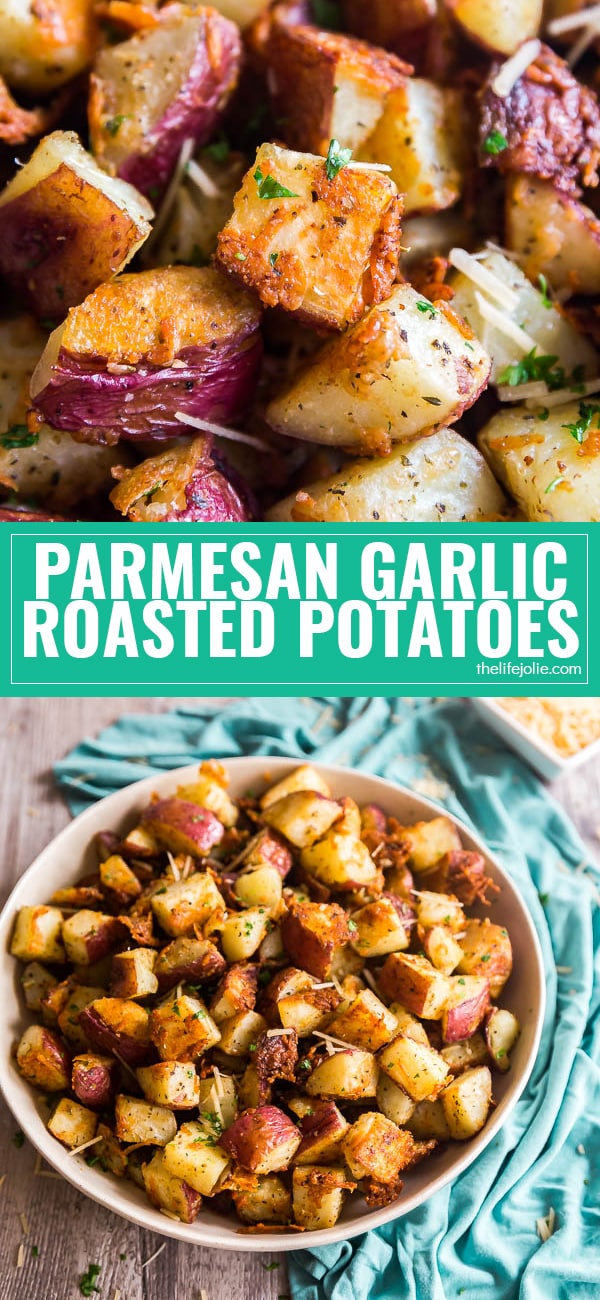 This Parmesan Garlic Roasted Potatoes recipe is SO easy to make and full of delicious flavor. This potato side dish uses Parmesan cheese and garlic powder and bake up super crispy in less than an hour.