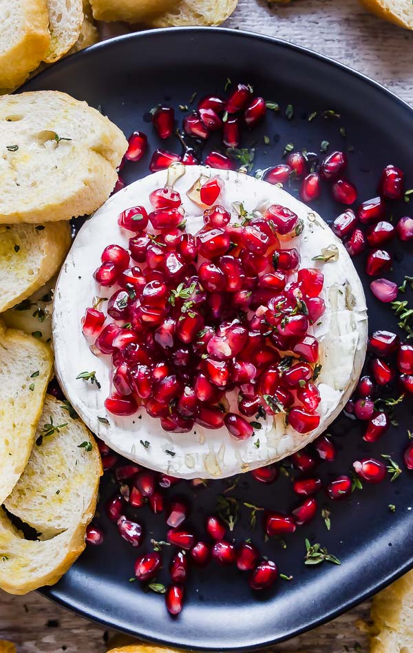 An overhead shot of Pomegranate and Thyme Baked Brie Appetizer
