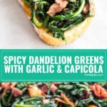 My Grandma's easy and delicious Spicy Dandelion Greens with Garlic and Capicola recipe is so good you'll forget you're eating healthy food! This is a simple method for how to cook this delicious side dish!