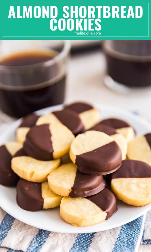 Chocolate Dipped Almond Shortbread Cookies: the buttery, crumbly shortbread texture we all love, dipped in decadent dark chocolate.
