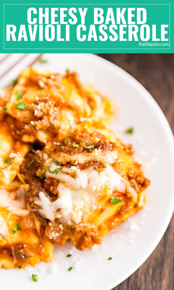 This Cheesy Baked Ravioli Casserole is the very best way to get that cooking-all-day, Sunday-supper-style meal in under an hour. This one is a keeper! It's so easy to make and tastes seriously delicious! The perfect weeknight dinner option!
