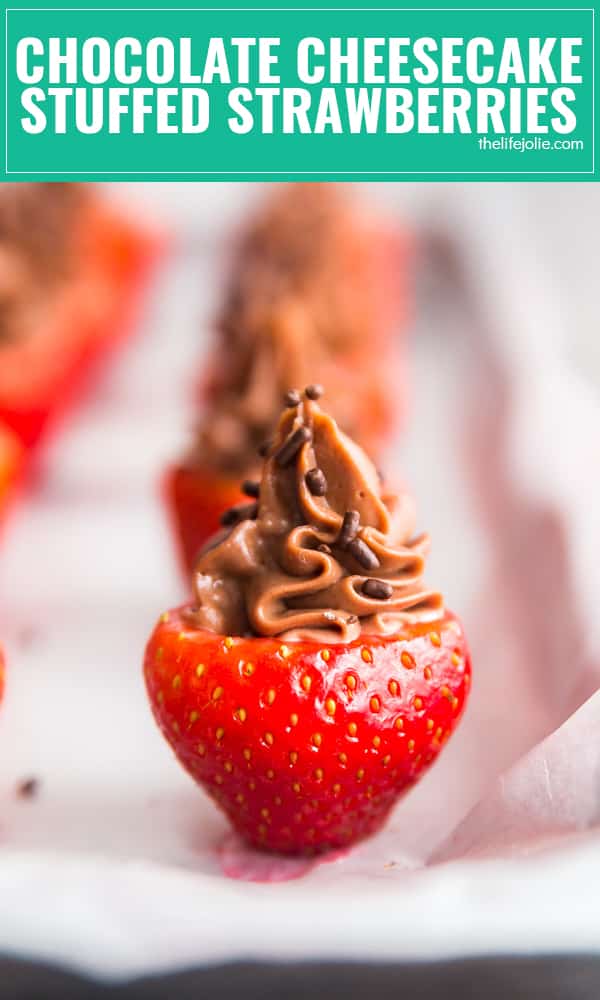 Stop what you're doing and go make the Chocolate Cheesecake Stuffed Strawberries. Sweet, juicy strawberries stuffed to the gills with rich, decadent chocolate cheesecake. These are so easy to make and dangerously addictive!