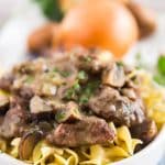 A close up side shot of the Easy Beef Stroganoff Recipe.