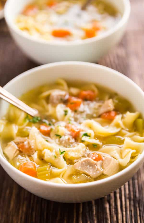 A bowl of Easy Homemade Chicken Noodle Soup.