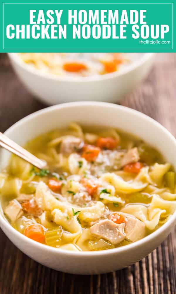 Everyone should have a good chicken soup recipe up their sleeve and this Easy Homemade Chicken Noodle Soup recipe is a simple way to get a big bowl of comfort made from scratch! It's a great way to use leftover chicken and vegetables and tastes awesome with a big piece of bread.