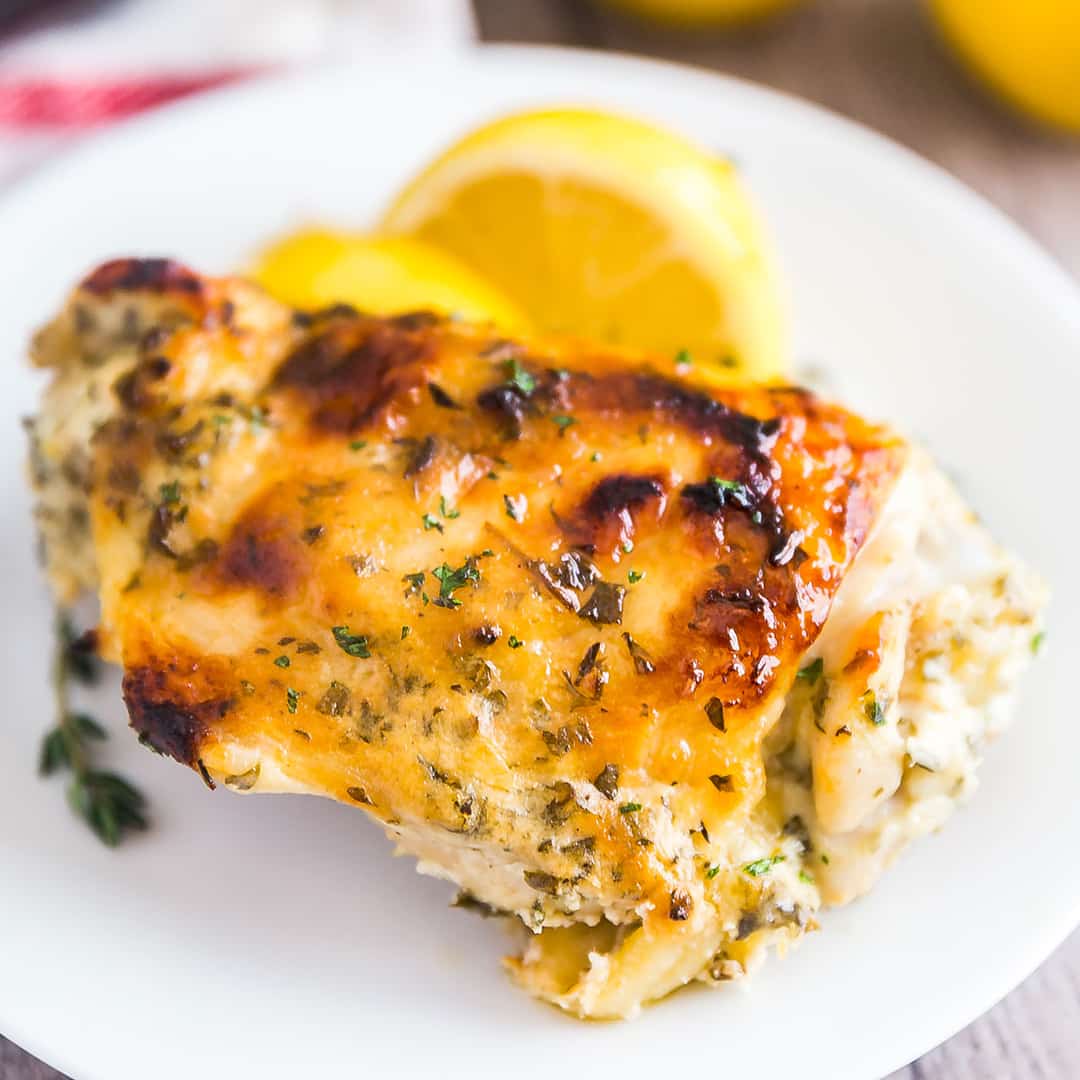 A square image of Greek Yogurt Roasted Chicken Thighs.