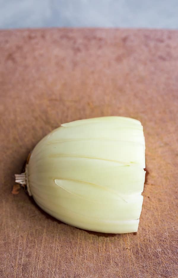 An onion with cuts in it.