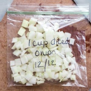 A square image showing the bag of onions for How to freeze onions.