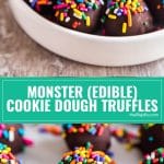 Warning: You will not be able to eat just one of the Monster (Edible) Cookie Dough Truffles. They are so insanely easy to make and are super kid friendly as well. Best of all, no eggs! They really are that good!