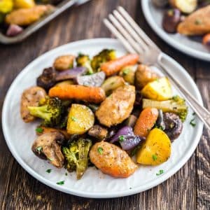 A square image of One Pan Baked Italian Sausage and Veggies.