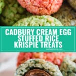 Cadbury Cream Egg Stuffed Rice Krispie Treats are a super fun Easter treat that kids and adults will go crazy for- especially when they see the delicious surprise inside! Made with marshmallows and crispy rice cereal these are not to be missed!