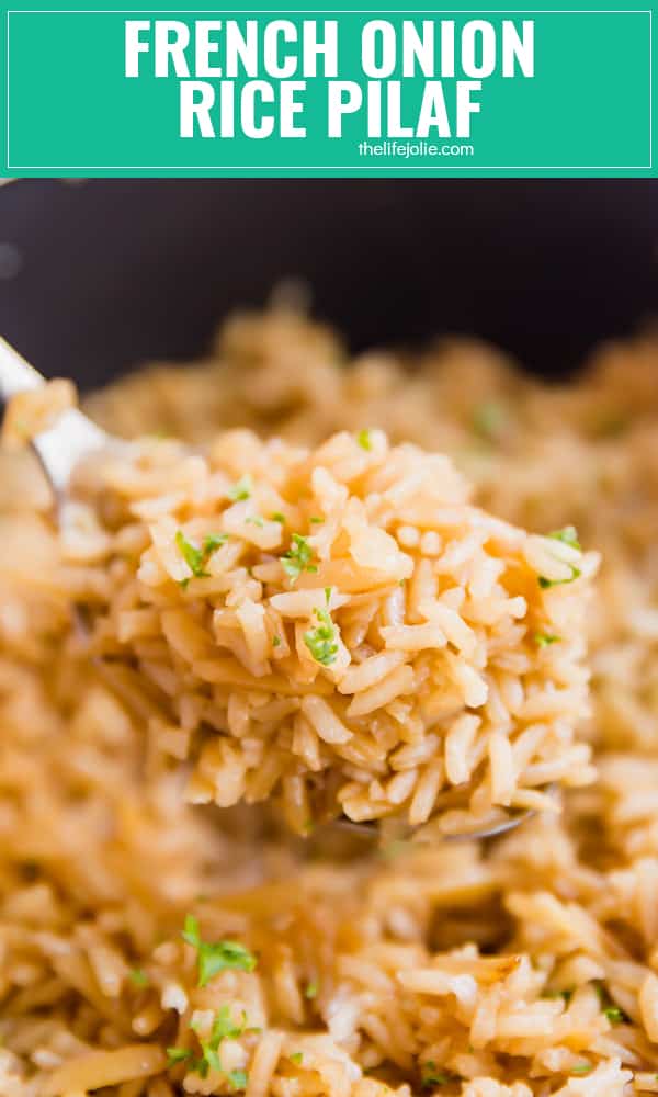 French Onion Rice Pilaf is full of savory flavor! It's a side dish that's as easy to make as it is delicious with only a little bit of work at the beginning an then you let your stove do it's thing so you can attend to the rest of your meal!
