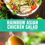 This Rainbow Asian Chicken Salad recipe is dangerously addictive. It's perfect for a crowd and is also great to make as a healthy meal prep for the week! This is made with an array of fresh vegetables, chicken and an awesome peanut dressing!