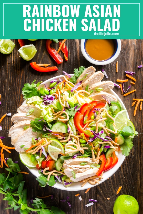 This Rainbow Asian Chicken Salad recipe is dangerously addictive. It's perfect for a crowd and is also great to make as a healthy meal prep for the week! This is made with an array of fresh vegetables, chicken and an awesome peanut dressing! 