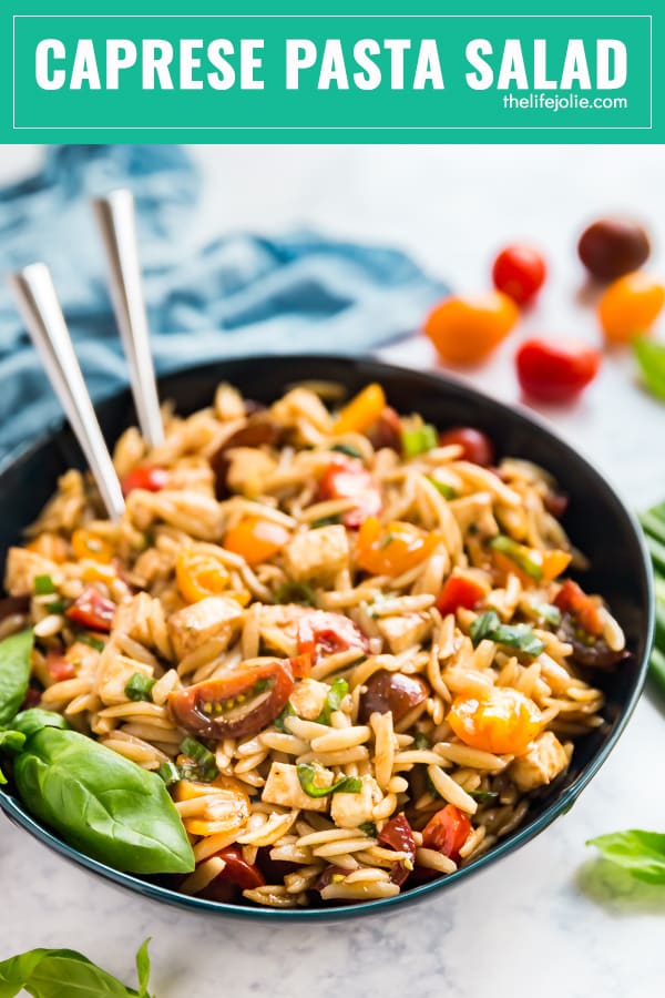 We all love a Caprese salad, but what's even better? Caprese Pasta Salad! Sweet tomatoes and basil, tender fresh mozzarella cheese and orzo pasta make a salad that you won't be able to stop eating!