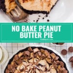 Rich and Creamy Peanut Butter Pie is the dessert that dreams are made of and best of all, it's no bake! Oreo cookie crust, creamy peanut butter filling, swirls of chocolate sauce and plenty of mini peanut butter cups. You will make this again and again!