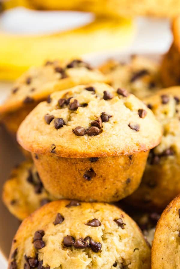 My kids do not stop begging for these Chocolate Chip Banana Bread Muffins! They're so quick and easy to make and the perfect way to use ripe bananas! I love how they're perfectly moist with mini chocolate chips sprinkled throughout- this recipe is a keeper!