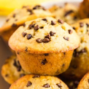My kids do not stop begging for these Chocolate Chip Banana Bread Muffins! They're so quick and easy to make and the perfect way to use ripe bananas! I love how they're perfectly moist with mini chocolate chips sprinkled throughout- this recipe is a keeper!