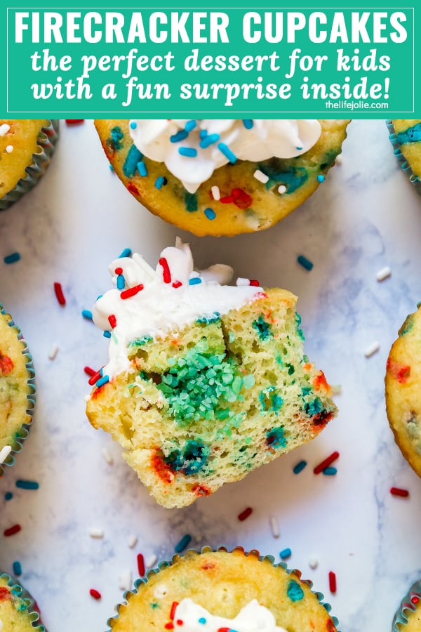 Firecracker Vanilla Cupcakes are the most fun kid's dessert the 4th of July- you'll love the POP ROCKS hidden inside for a totally fun surprise when you bite into them. These are a must-make and are SO easy because they're a cake mix hack!