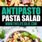 This Antipasto Italian Pasta Salad will knock your socks off! Made with rotini pasta, tomatoes, olives, fresh mozzarella, fennel, soppresata and artichoke heats, it's quick and easy to assemble and full of all the great Italian flavors, this will be your new go-to pasta salad recipe!