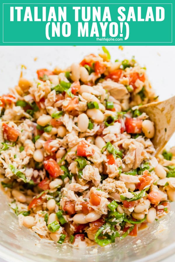 Italian Tuna Salad makes the perfect light and fresh lunch! This is a healthy (no mayo!) but satisfying option that is super easy to make and comes together in minutes so it's quick. Made with tuna, tomatoes, fresh basil and oregano, green onion, lemon juice and olive oil this will be your new favorite lunch option!